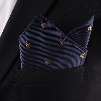 A Horse Racing Pocket Square in navy with small embroidered patterns is neatly folded in a black suit jacket pocket—ideal for the Melbourne Cup, available only at AusCufflinks.