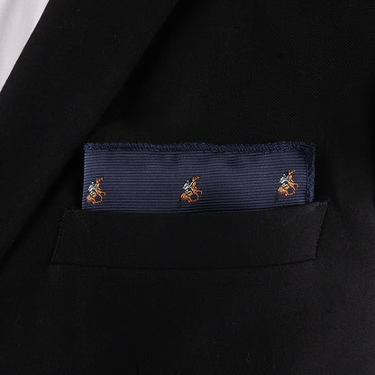 A close-up of the Horse Racing Pocket Square featuring small embroidered horse motifs, stylishly displayed in a black suit jacket pocket—ideal for Melbourne Cup fashion.