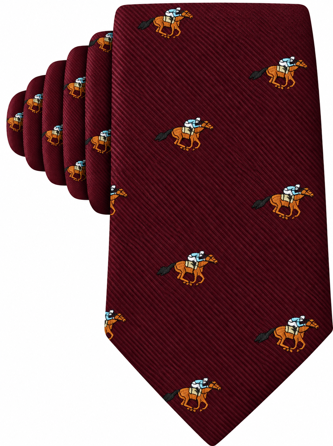 Introducing the Horse Racing Skinny MAROON Tie—a maroon tie adorned with a dynamic repeating pattern of embroidered jockeys riding horses in blue, white, and orange. This stylish skinny tie is perfect for horse racing enthusiasts or anyone seeking to add a dash of personality to their outfit with its eye-catching jockey motif.