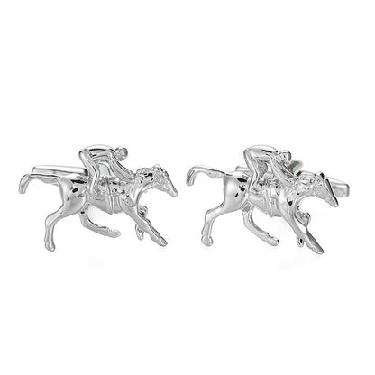 The Horse Racing Cufflinks exhibit sartorial elegance, featuring detailed silver figures of horse riders captured in mid-gallop.