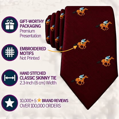 Introducing the Horse Racing Skinny MAROON Tie, an elegant equestrian accessory showcasing embroidered horse and rider motifs. Presented in premium gift packaging, this tie features hand stitching and has received over 10,000 five-star reviews.