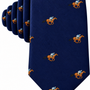 The Horse Racing Skinny Tie features a navy blue background adorned with a repeating pattern of jockeys riding horses in orange, brown, and blue—making it the perfect novelty accessory for horse racing enthusiasts.