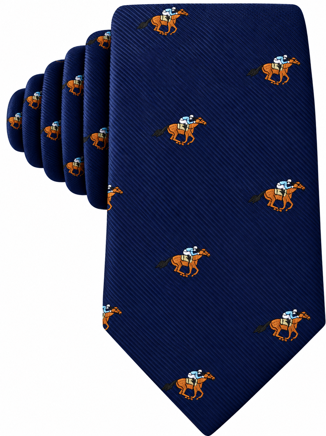 The Horse Racing Skinny Tie features a navy blue background adorned with a repeating pattern of jockeys riding horses in orange, brown, and blue—making it the perfect novelty accessory for horse racing enthusiasts.