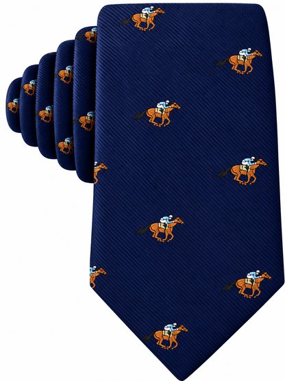 The Horse Racing Skinny Tie features a navy blue background adorned with a repeating pattern of jockeys riding horses in orange, brown, and blue—making it the perfect novelty accessory for horse racing enthusiasts.