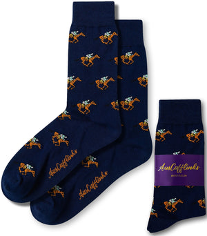 Navy blue "Horse Racing Socks" featuring a camel rider pattern and a purple label that reads "AusCufflinks Australia," capturing the hoofed elegance of classic horse racing events.