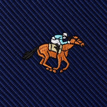 Dark blue Horse Racing Skinny Tie featuring an embroidered jockey riding a brown horse.