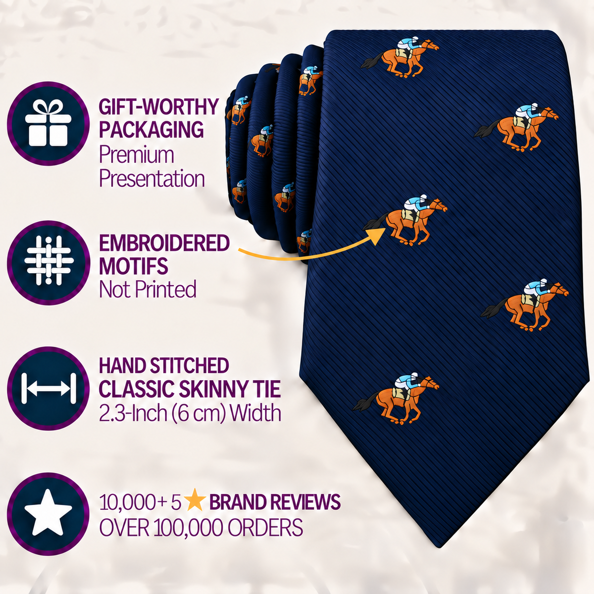 Introducing the Horse Racing Skinny Tie, a dark blue accessory adorned with orange and blue embroidered horse and jockey motifs, beautifully presented rolled up. This standout equestrian tie is crafted with fine embroidery, meticulous hand-stitching, and comes in elegant packaging. Consistently earning positive reviews, it’s the perfect choice for style enthusiasts seeking to make a memorable impression at any horse racing event.