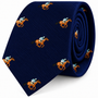 Horse Racing Skinny Tie in navy blue with a repeating equestrian pattern of jockeys riding brown horses.