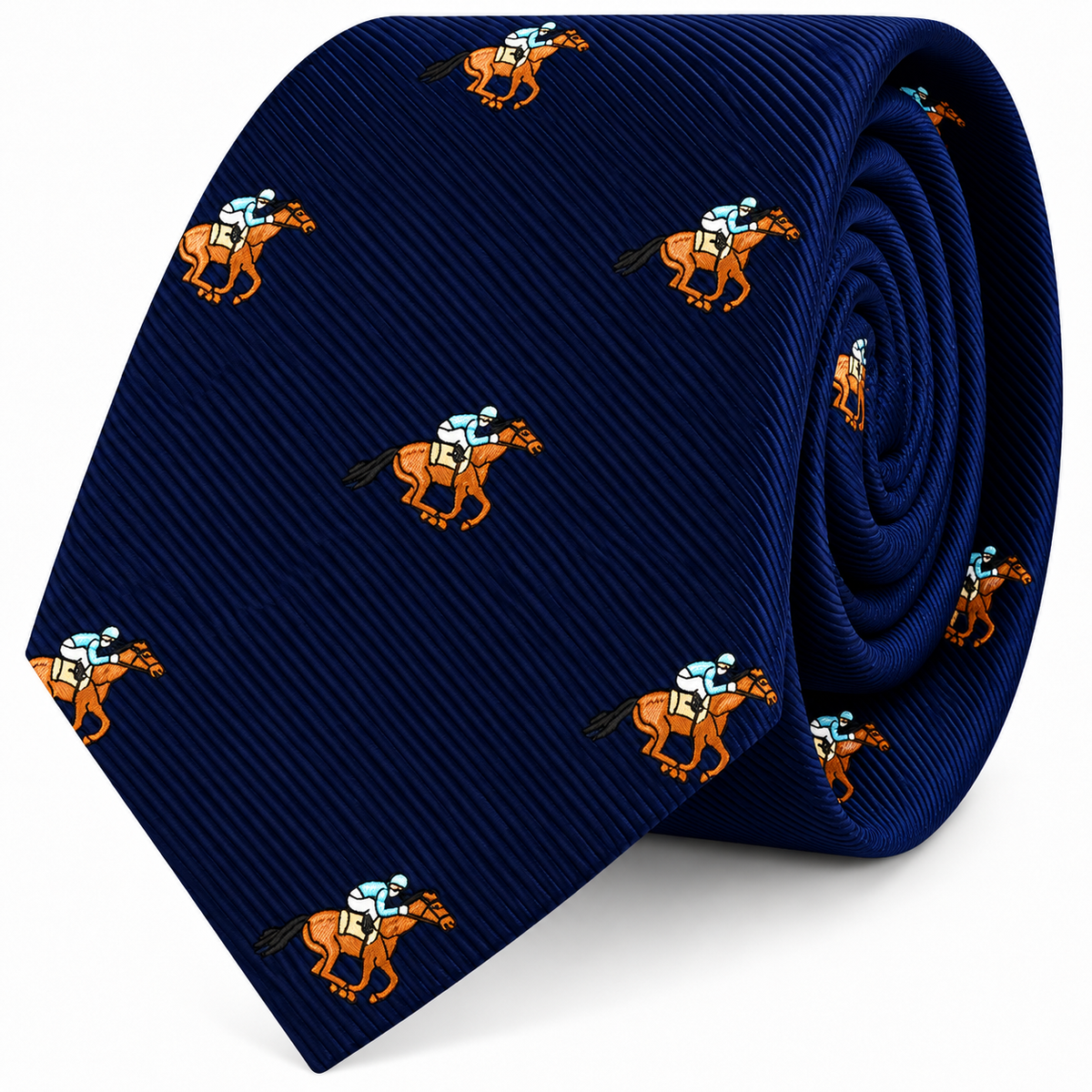Horse Racing Skinny Tie in navy blue with a repeating equestrian pattern of jockeys riding brown horses.