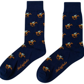 The Horse Racing Socks exude hoofed elegance with their navy blue color and an orange and white horse and rider pattern, featuring a brand logo near the toe.