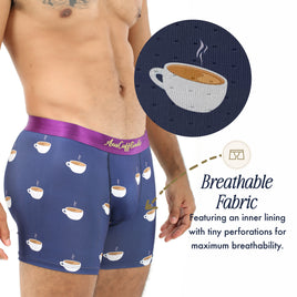 A man models Coffee Underwear—boxers with a navy base and espresso designs; a close-up shows the lightweight, breathable fabric featuring tiny perforations for ventilation.