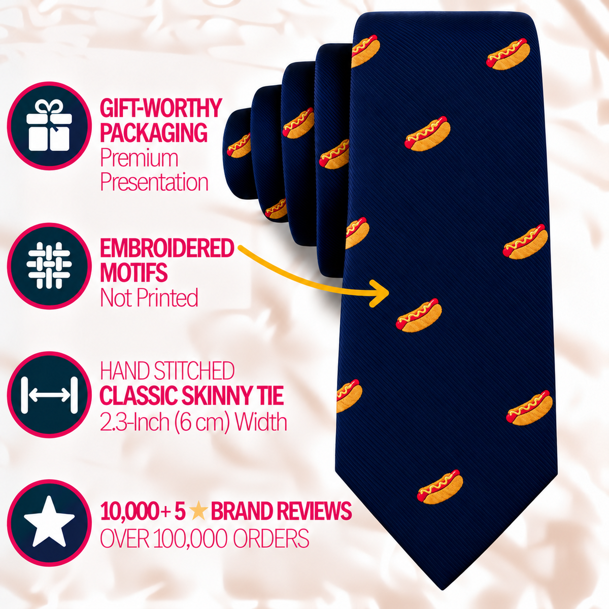 A navy blue Hotdog Skinny Tie featuring small embroidered icons, hand-stitched construction, and gift-worthy packaging.