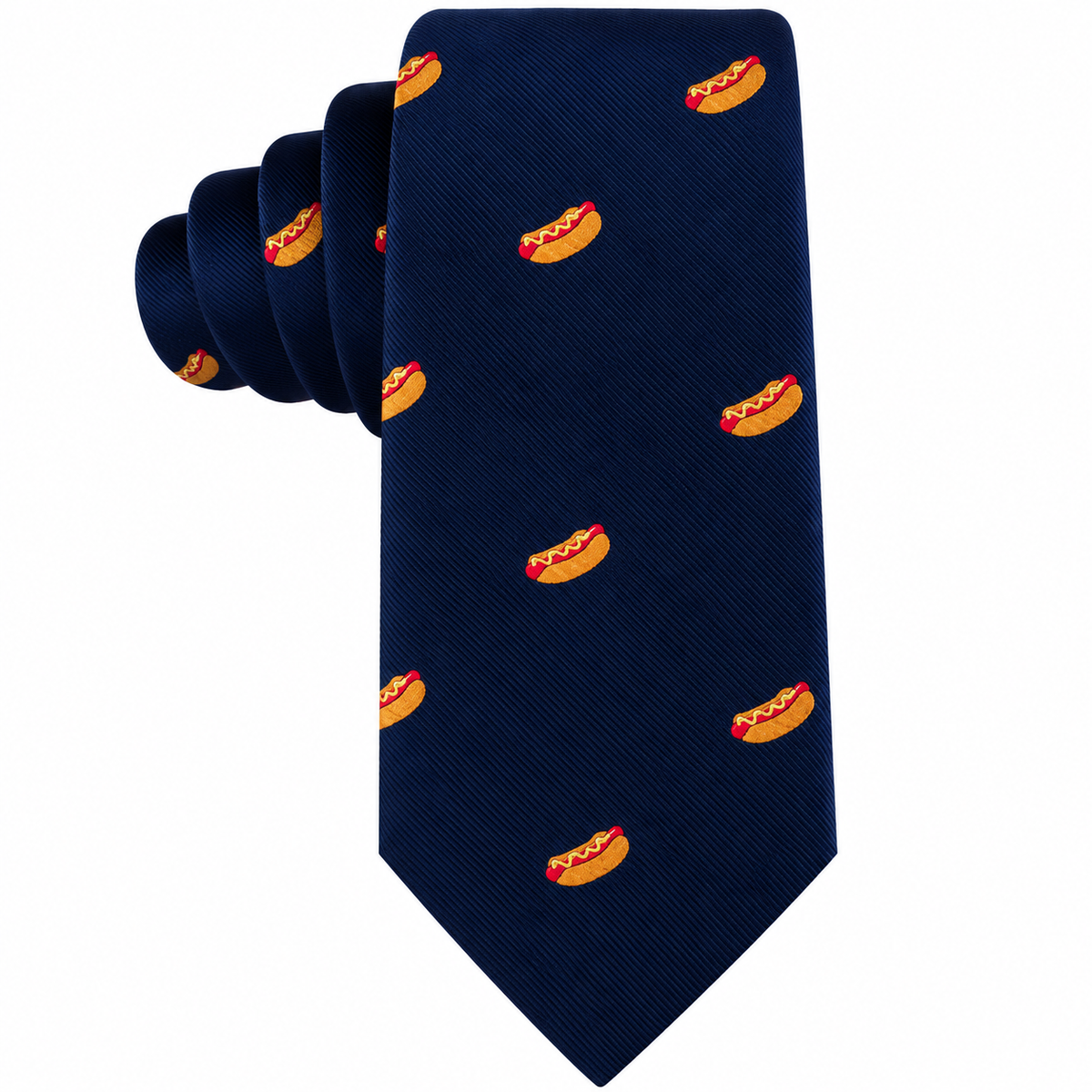 Hotdog Skinny Tie in navy blue featuring a repeating pattern of hot dogs.