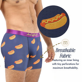 A man wears Hotdog Underwear with a playful hot dog print; a close-up shows the quirky design and breathable, moisture-wicking fabric. Text highlights airy perforations and comfort-focused features of these fun boxers.