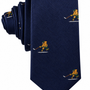 The Ice Hockey Shot Skinny Tie is a navy blue necktie adorned with a repeating pattern of embroidered bear mascots playing hockey in green and yellow uniforms—making it the perfect ice hockey tie and a standout piece of hockey apparel for men.