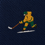 Embroidered image of a person in yellow and green winter gear playing ice hockey on dark blue fabric—this Ice Hockey Shot Skinny Tie makes a perfect gift for hockey lovers or a distinctive addition to men’s hockey apparel.