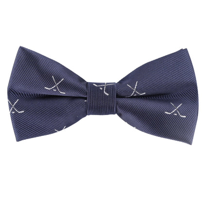 The Ice Hockey Cross Bow Tie is navy blue and features a pattern of small white crossed hockey sticks, adding a sporty touch to your look.
