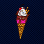 Ice Cream Skinny Tie featuring an embroidered patch of a triple-scoop ice cream cone with whipped cream, a cherry, and wafer sticks, set against a dark blue ribbed background.
