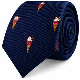 Dark blue Ice Cream Skinny Tie featuring an embroidered pattern of ice cream cones.