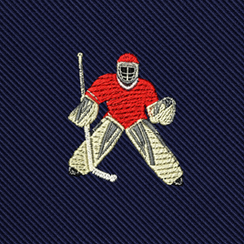 Embroidered with the image of a hockey goalie in red gear holding a stick, this Ice Hockey Goalie Skinny Tie features a dark blue, diagonally-striped fabric background—making it an ideal men’s hockey apparel piece and the perfect gift for goalies.