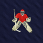 Embroidered with the image of a hockey goalie in red gear holding a stick, this Ice Hockey Goalie Skinny Tie features a dark blue, diagonally-striped fabric background—making it an ideal men’s hockey apparel piece and the perfect gift for goalies.