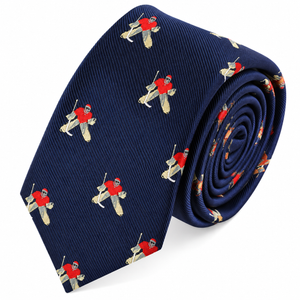 Ice Hockey Goalie Skinny Tie—a sophisticated accessory featuring a pattern of embroidered hockey goalies, perfect as a thoughtful gift for any sports enthusiast.