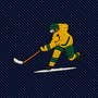 Ice Hockey Shot Skinny Tie featuring an embroidered patch of a hockey player in yellow and green gear hitting a puck on dark blue striped fabric—perfect as a unique gift for hockey lovers or a stylish addition to men’s hockey apparel.