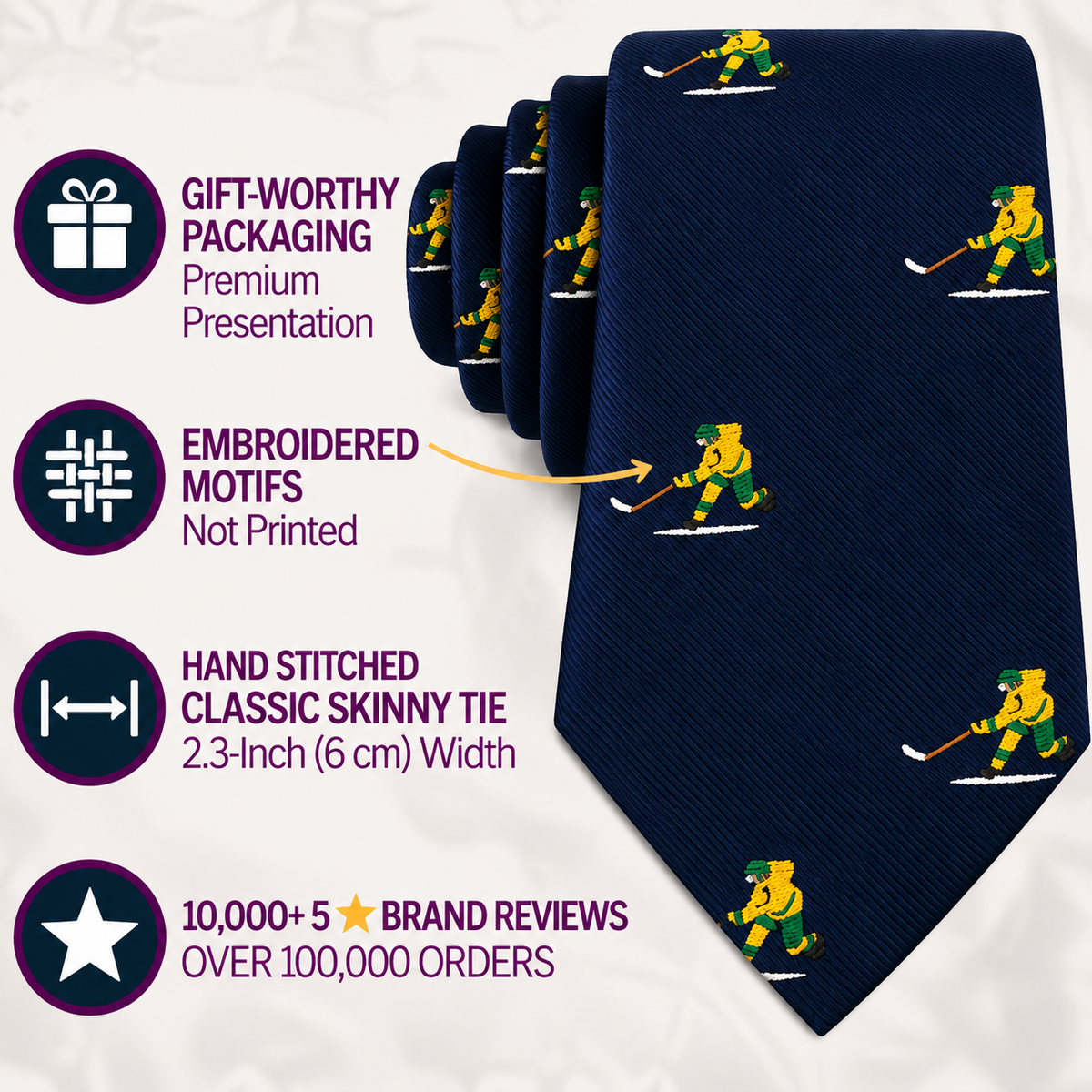 Introducing the Ice Hockey Shot Skinny Tie—a navy blue skinny tie featuring yellow and green embroidered hockey player motifs. This stylish accessory is perfect as an ice hockey tie or a thoughtful gift for any hockey lover. Showcased with icons and text highlighting its premium packaging, detailed embroidered design, and over 10,000 five-star reviews, it’s an ideal addition to any collection of men’s hockey apparel.