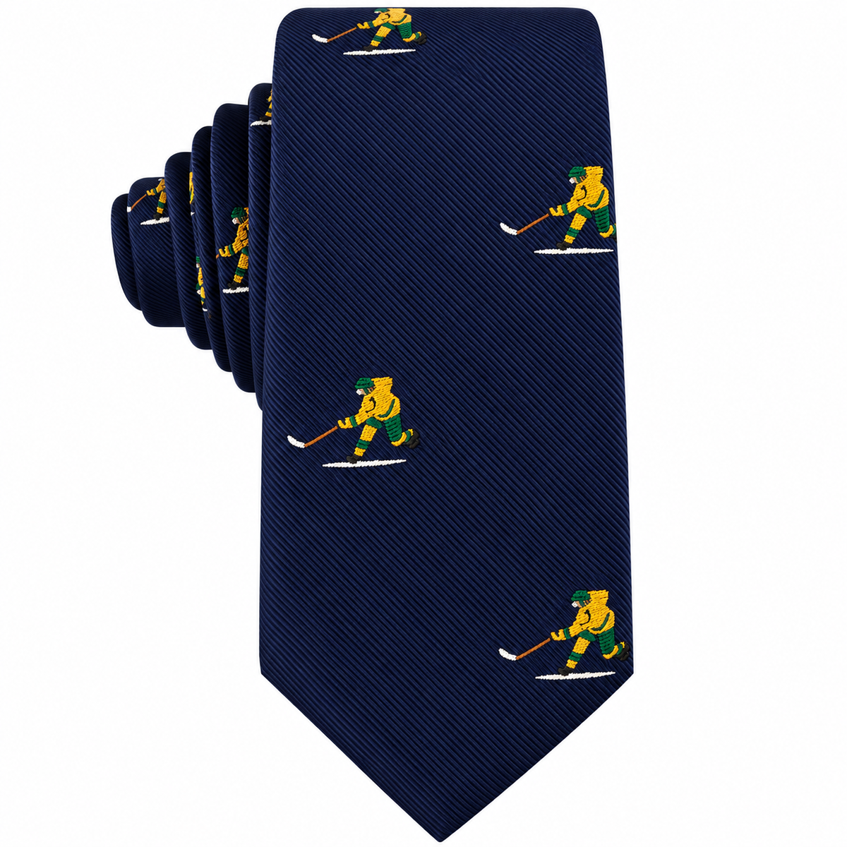 Introducing the Ice Hockey Shot Skinny Tie in navy blue, showcasing a repeating pattern of a bear playing hockey in a yellow sweater and green pants—an ideal gift for hockey lovers and a distinctive piece of men’s hockey apparel.