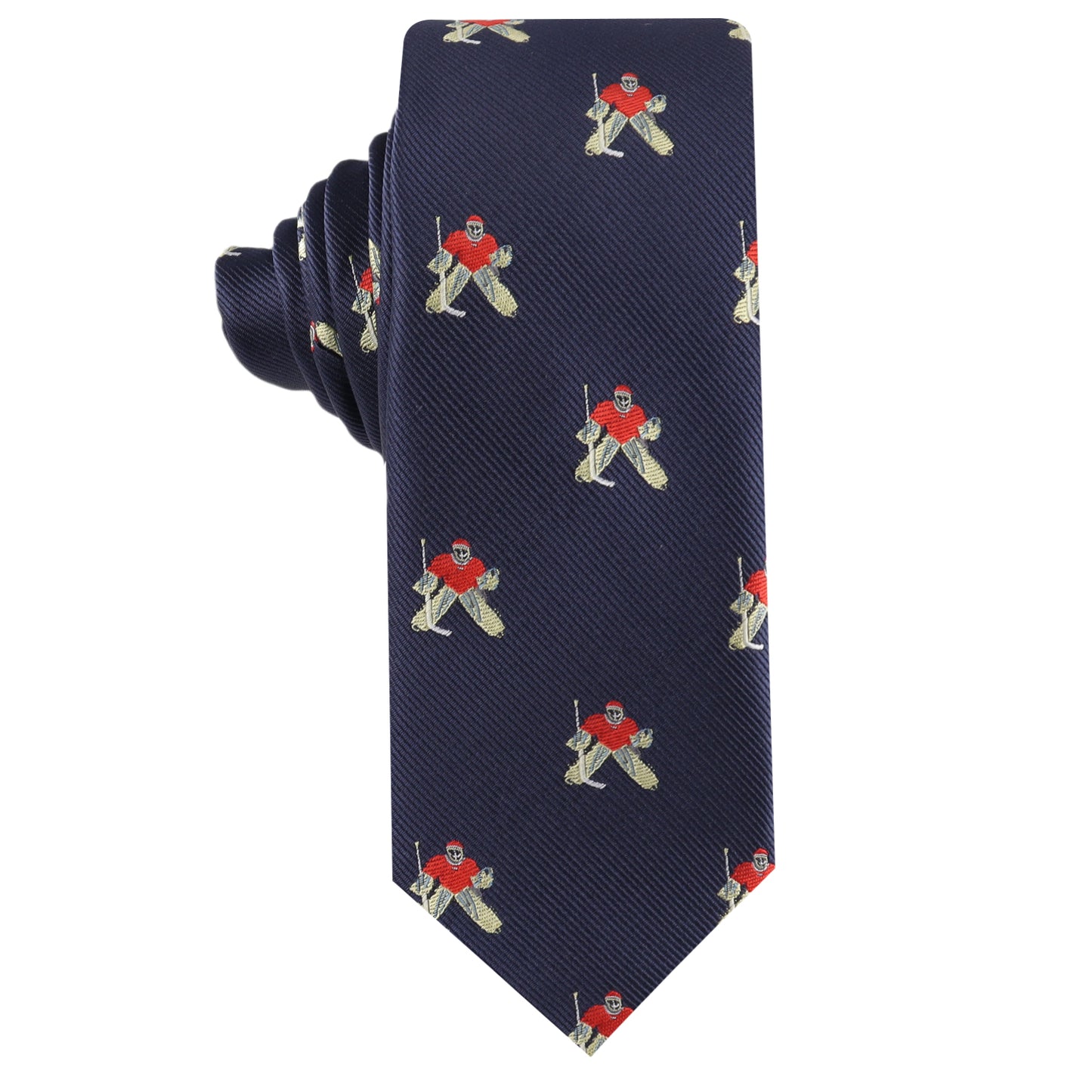 Men’s skinny tie with ice hockey goalie design – sports-themed necktie for hockey fans