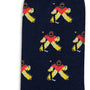 The Ice Hockey Goalie Socks are navy blue, featuring a repeating cartoon figure with yellow skirt, red top, and black hair, designed for breathable durability and pro-level comfort.