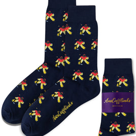 Ice Hockey Goalie Socks in navy blue feature a repeating pattern of red, yellow, and black birds. Shown both unpackaged and with an AusCufflinks Australia label. Crafted for breathable durability and all-day pro-level comfort.
