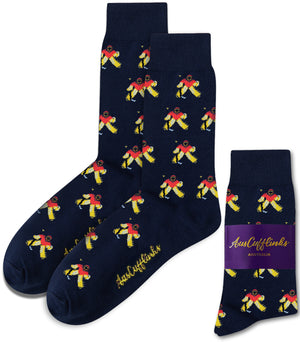 Ice Hockey Goalie Socks in navy blue feature a repeating pattern of red, yellow, and black birds. Shown both unpackaged and with an AusCufflinks Australia label. Crafted for breathable durability and all-day pro-level comfort.