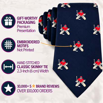 Ice Hockey Goalie Skinny Tie in navy blue features embroidered hockey player motifs and is displayed rolled up; an accompanying infographic showcases its premium packaging, detailed stitched designs, slim width, and excellent brand reviews—making it a perfect gift for ice hockey goalies or a thoughtful accessory for any hockey coach or sports fan.