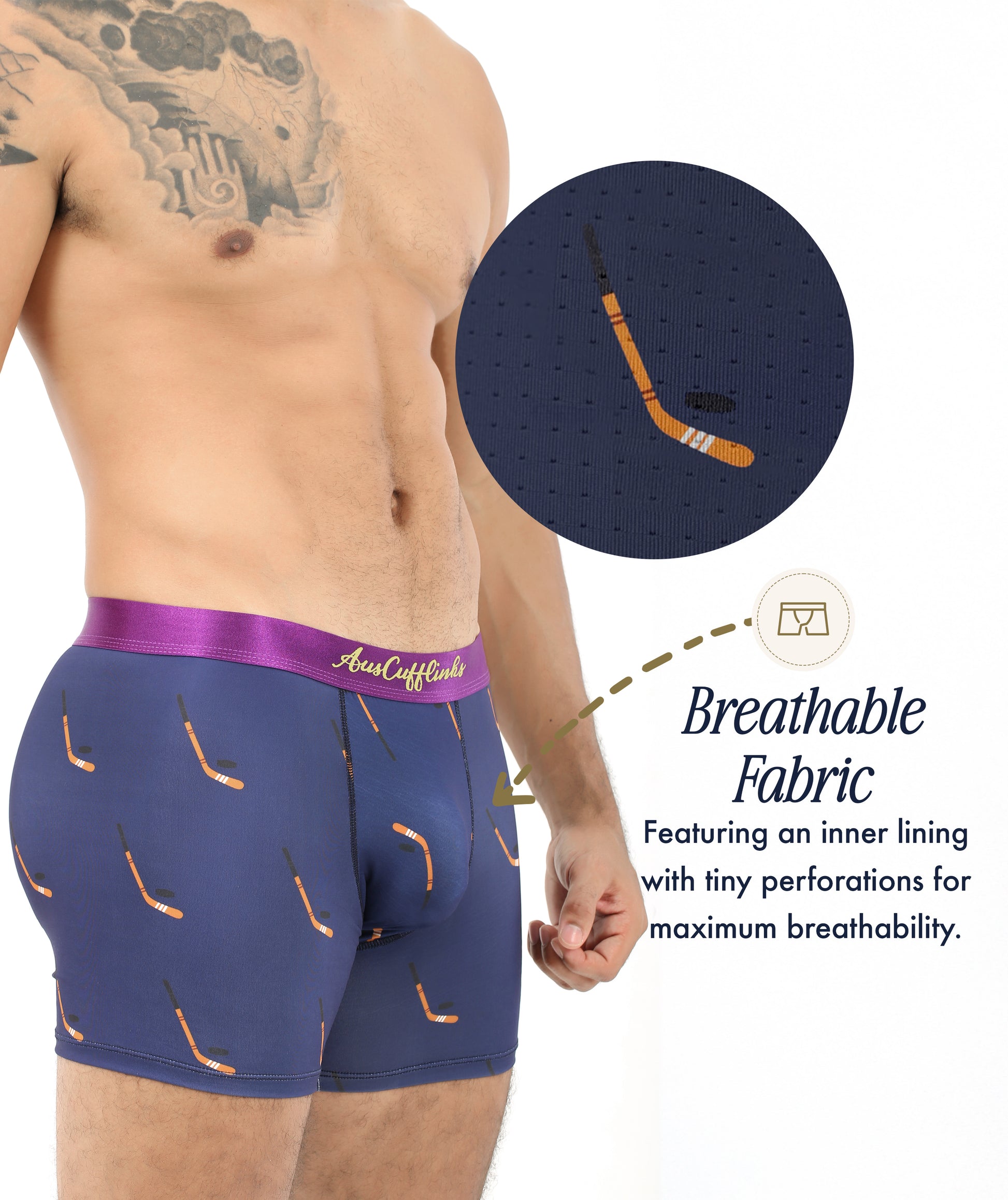 A person wears Ice Hockey Underwear in navy with a hockey stick print; an inset shows fabric perforations revealing the breathable inner lining. Text highlights the exceptional breathability of this underwear.