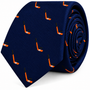 Ice Hockey Skinny Tie in navy blue featuring a repeating pattern of orange and white hockey sticks with black pucks.