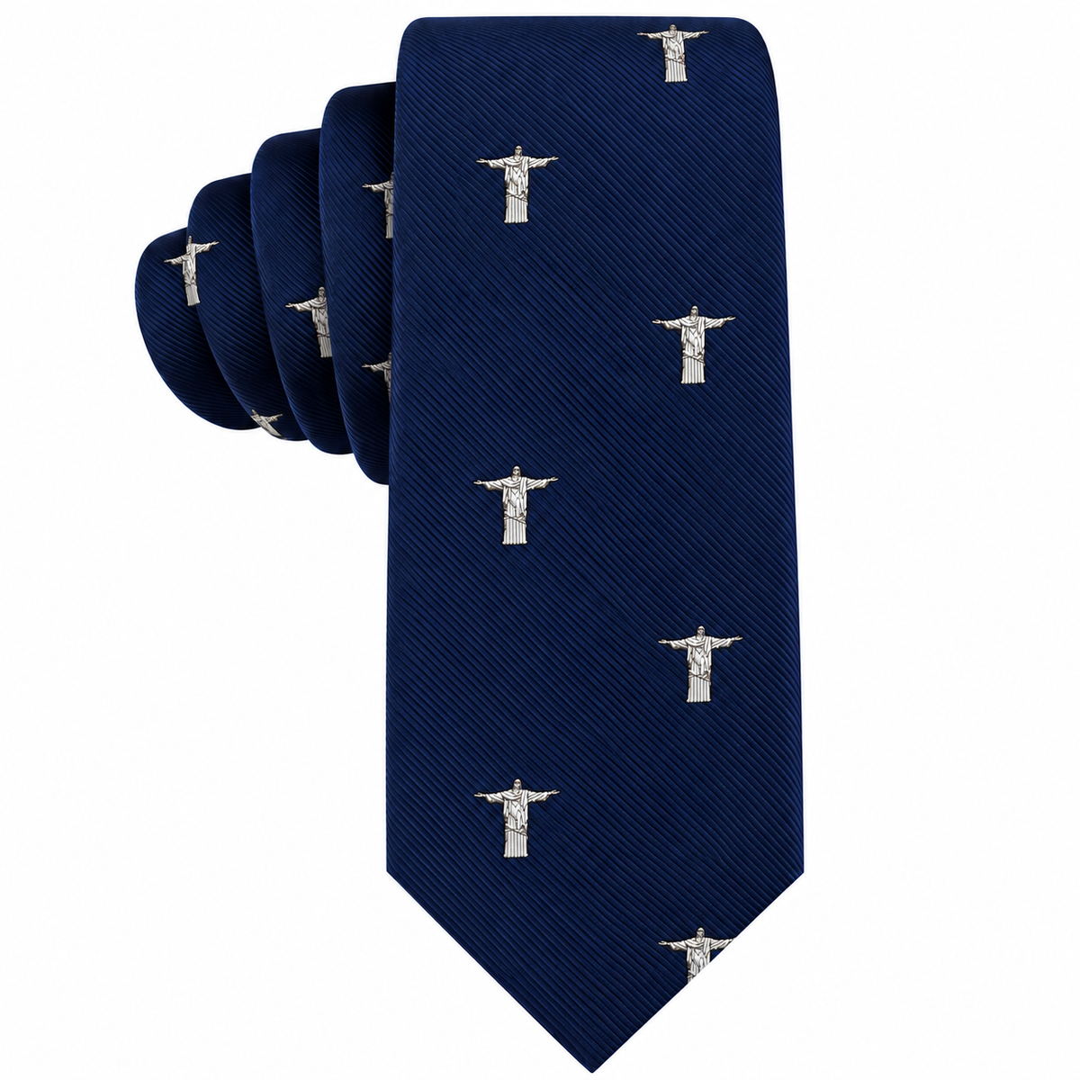 Navy blue Jesus Christ The Redeemer Skinny Tie featuring a repeating pattern of white Christ the Redeemer statues.