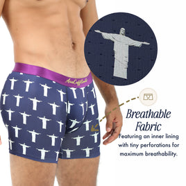 A person wears navy blue Jesus Underwear featuring white Christ the Redeemer statues, with a close-up highlighting the fabric’s tiny perforations for breathability.