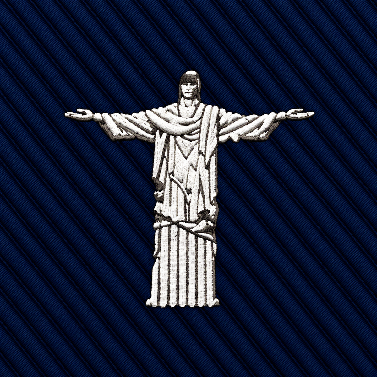 White embroidered figure of Christ the Redeemer on a dark blue diagonal ribbed Jesus Christ The Redeemer Skinny Tie.