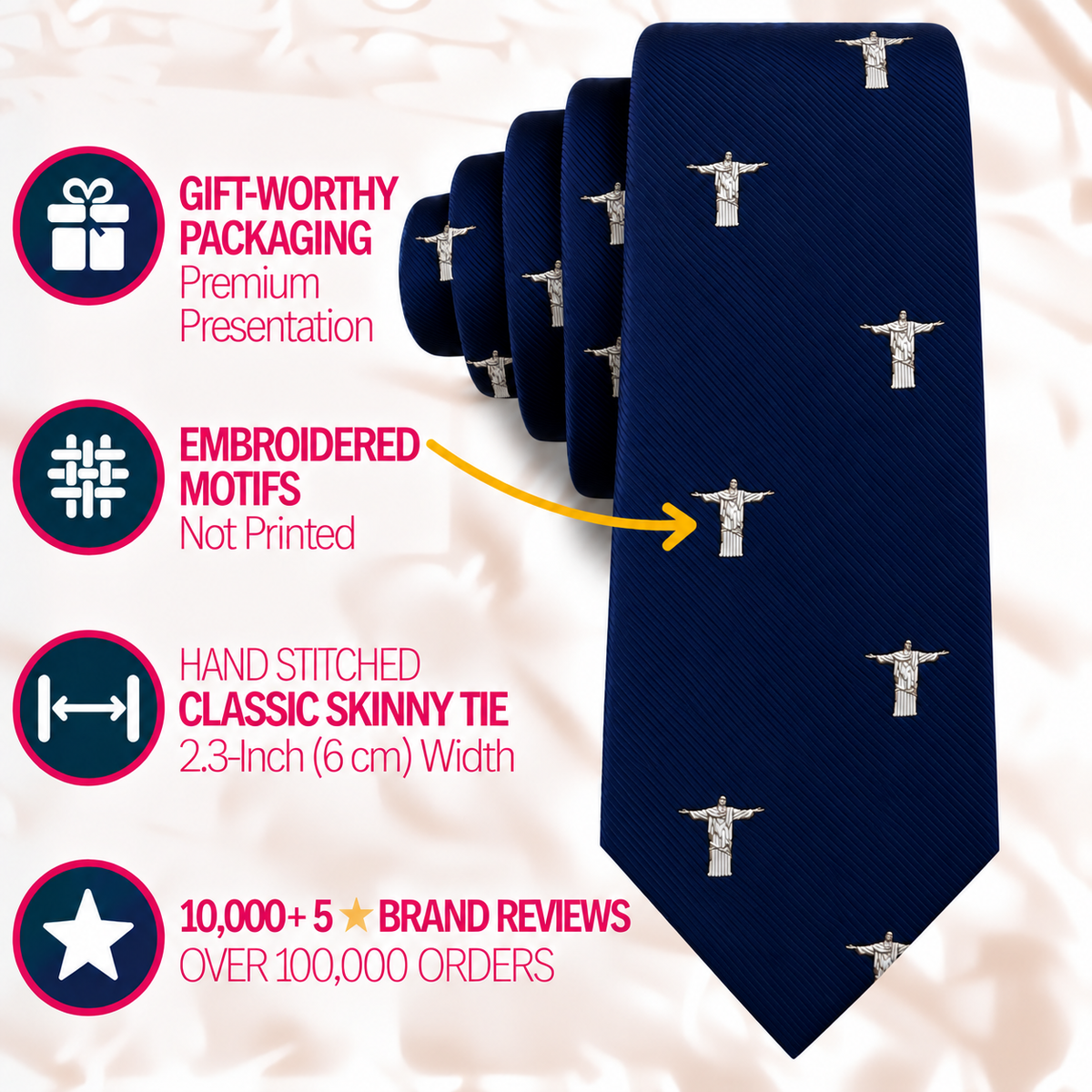 A navy blue Jesus Christ The Redeemer Skinny Tie featuring a repeating embroidered statue pattern, with infographic text detailing its premium features and dimensions.