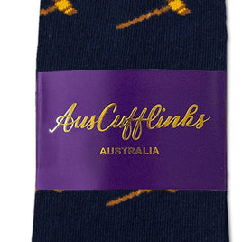 Gavel Socks: Navy blue socks with yellow gavel patterns, wrapped in a purple AusCufflinks Australia label.