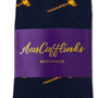 Gavel Socks: Navy blue socks with yellow gavel patterns, wrapped in a purple AusCufflinks Australia label.