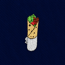 Kebab Skinny Tie featuring an embroidered patch of a kebab wrapped in flatbread on a dark blue ribbed background.