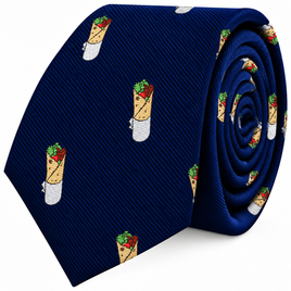 Kebab Skinny Tie in navy blue featuring a repeating pattern of small kebabs, perfect as a foodie gift.