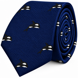 Navy blue Killer Whale Skinny Tie featuring a repeating print pattern of small killer whales.