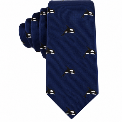 Killer Whale Skinny Tie in navy blue with a repeating orca print.