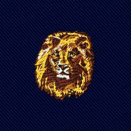 An embroidered gold lion head centered on a dark blue ribbed slim-cut King Lion Skinny Tie.