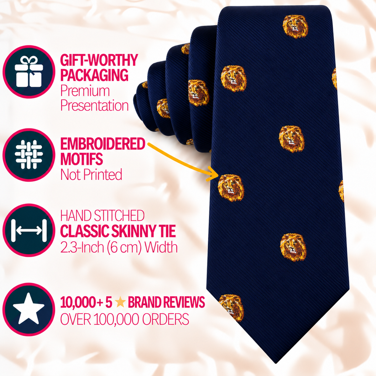 A navy blue King Lion Skinny Tie featuring embroidered lion head motifs, shown with four circular labels highlighting gift packaging, embroidery, dimensions, and customer reviews.
