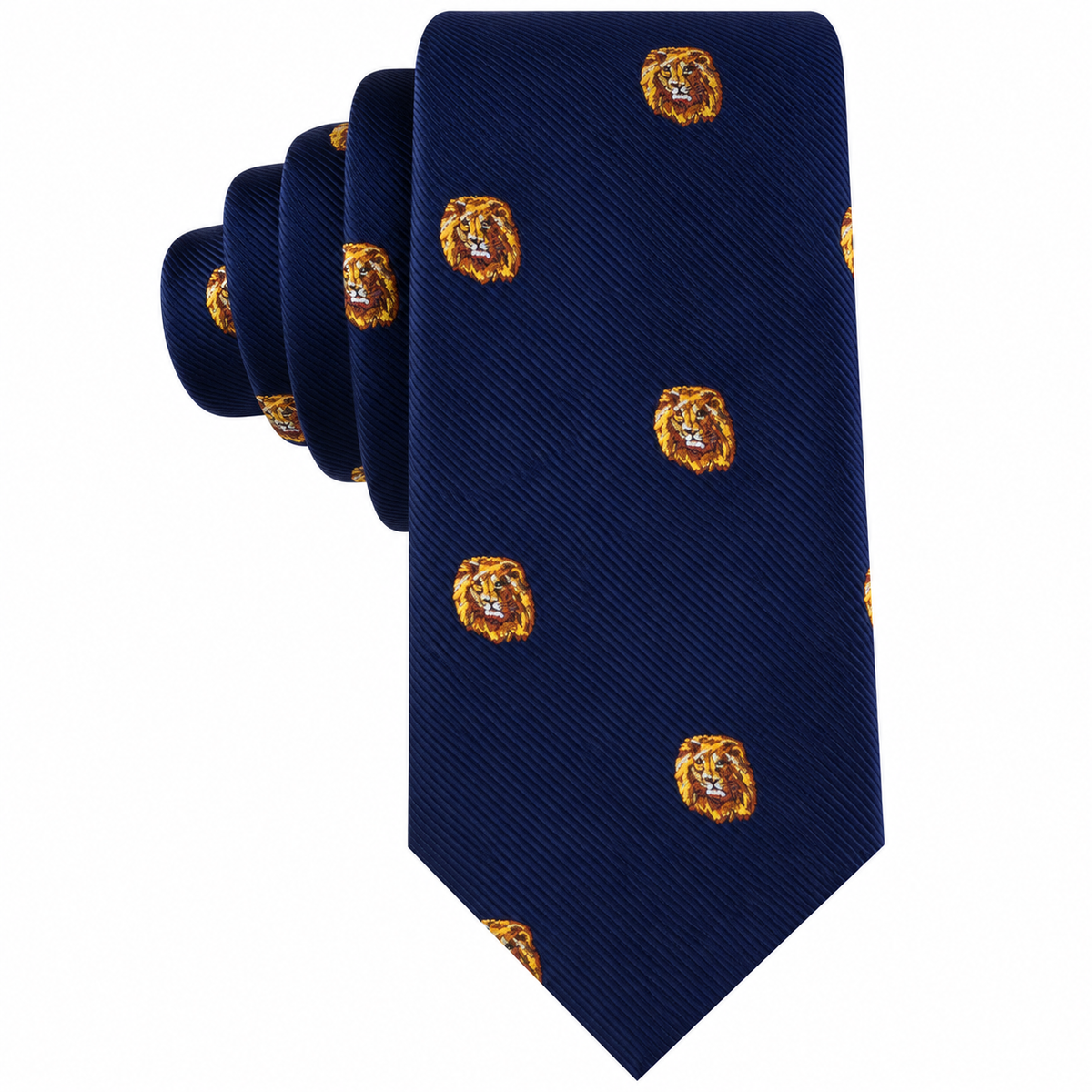 King Lion skinny tie in navy blue with a repeating pattern of gold lion heads.