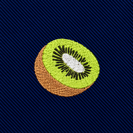 Kiwi Skinny Tie featuring an embroidered kiwi slice on dark blue diagonal ribbed fabric for a quirky accessory.